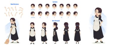 Set of cute girl character design. Character Model sheet. Front, side, back view animated character. Cute girl character creation set with various views, poses and gestures. Cartoon style, flat vector isolated clipart