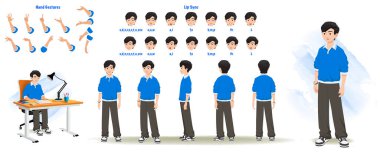 Set of man character design. Character Model sheet. Front, side, back view animated character. Man character creation set with various views, poses and gestures. Cartoon style, flat vector isolated clipart