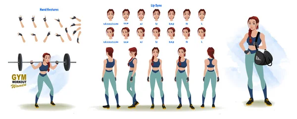 Set Woman Workout Character Design Character Model Sheet Front Side — Stockvektor