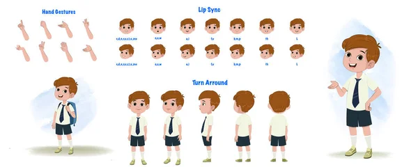 Set School Boy Character Design Character Model Sheet Front Side — Archivo Imágenes Vectoriales