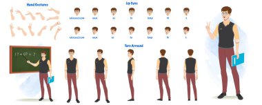 Set of male teacher design. Character Model sheet. Front, side, back view animated character. Teacher character creation set with various views, poses and gestures. Cartoon style, flat vector isolated clipart