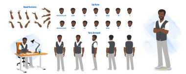 Set of african teacher character design. Character Model sheet. Front, side, back view animated character. Teacher character creation set with various views, poses and gestures. Cartoon style, flat vector isolated clipart