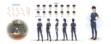 Set of police, cop design. Character Model sheet. Front, side, back view animated character. Policewoman character creation set with various views, poses and gestures. Cartoon style, flat vector isolated clipart