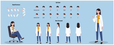 Set of female doctor character design. Character Model sheet. Front, side, back view animated character. Doctor character creation set with various views, poses and gestures. Cartoon style, flat vector isolated clipart