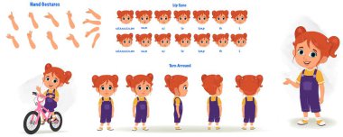 Set of cute girl character design. Character Model sheet. Front, side, back view animated character. Cute girl character creation set with various views, poses and gestures. Cartoon style, flat vector isolated clipart