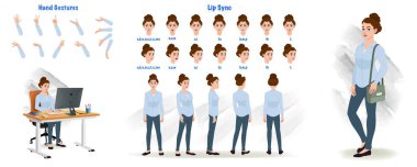 Set of Business woman character design. Character Model sheet. Front, side, back view animated character. Business girl character creation set with various views, poses and gestures. Cartoon style, flat vector isolated clipart