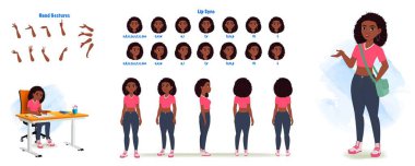 Set of african student design. Character Model sheet. Front, side, back view animated character. School girl character creation set with various views, poses and gestures. Cartoon style, flat vector isolated clipart