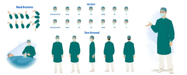 外科医キャラクターデザインのセット キャラクターモデルシート フロント サイド バックビューアニメーションキャラクター 男性外科医キャラクターの創作は さまざまなビュー ポーズ ジェスチャーで設定されています 漫画様式 — ストックベクタ