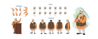  Set of male politician design. Character Model sheet. Front, side, back view animated character. Politician character creation set with various views, poses and gestures. Cartoon style, flat vector isolated clipart