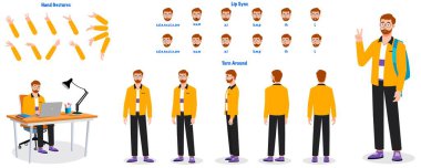 Set of manager character design. Character Model sheet. Front, side, back view animated character. Manager character creation set with various views, poses and gestures. Cartoon style, flat vector isolated clipart