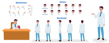 Bir dizi kardiyolog karakter tasarımı. Karakter modeli sayfası. Ön, yan, arka plan animasyon karakteri. Erkek kardiyolog, çeşitli bakış açıları, pozları ve jestleri olan karakter oluşturma seti. Çizgi film biçimi, düz vektör izole