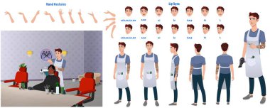 Barber, Hairdresser man in professional uniform. Hairstylist cartoon character creation set, pack of body parts, emotions, tools and other stuff. Vector illustration clipart