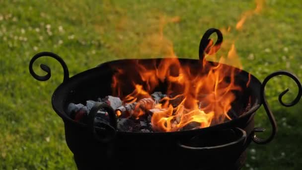 丸いグリルで燃える炎 牧草地での屋外料理のための準備 — ストック動画