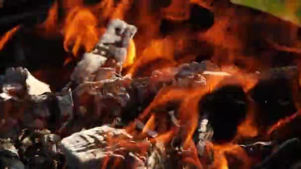 Płomienie Pomarańczowe Żółte Palenisko Jest Wypełnione Palącym Się Drewnem Popiołem — Wideo stockowe