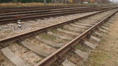 Çimenli fazla gelişmiş demiryolu rayları. Kamera ileri gidiyor.