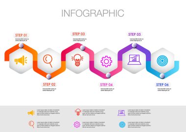 Verileri, ilerlemeyi, yönü, temiz tasarımı sunacak iş haritası için Infographic 6 adım yol haritası