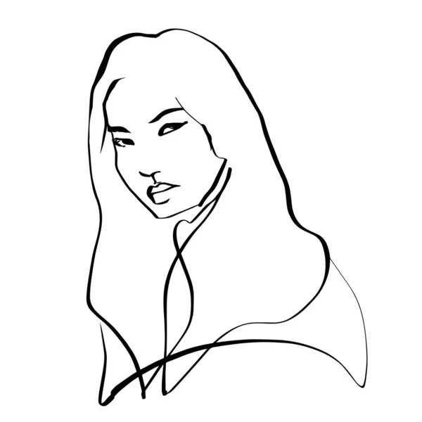 Single Line Female Character Face Black White — Stock Vector