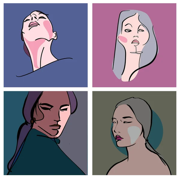 一组女性面对动作单线抽象女性肖像角色 — 图库矢量图片