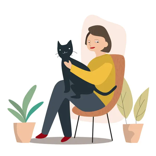 Γυναίκα Κάθεται Στην Πολυθρόνα Μαύρη Γάτα Επίπεδη Διανυσματική Απεικόνιση — Διανυσματικό Αρχείο