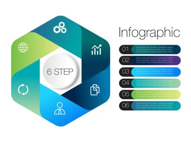 İş için bilgi şablonu 6 adım seçeneği altıgen modern tasarım planlama, veri, strateji, diyagram