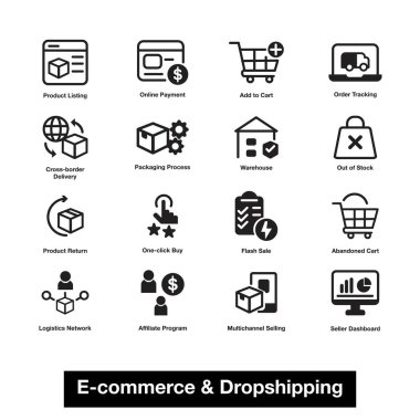 E-ticaret ve indirme simgeleri basit siyah simgeleri temsil eder çevrimiçi perakende ürün listeleme, sipariş ödeme, alışveriş arabasına ekleme, sipariş izleme dahil olmak üzere çeşitli yönleri.