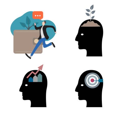 Finansal başarı ve kişisel gelişimin farklı yönlerini temsil eden dört ikona sahip iş büyüme konsepti çizimi