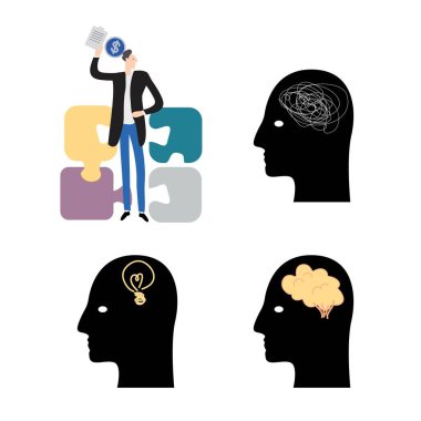 İş adamı bulmacayı dolar işareti, fikir ve beyin çizimi ile çözüyor