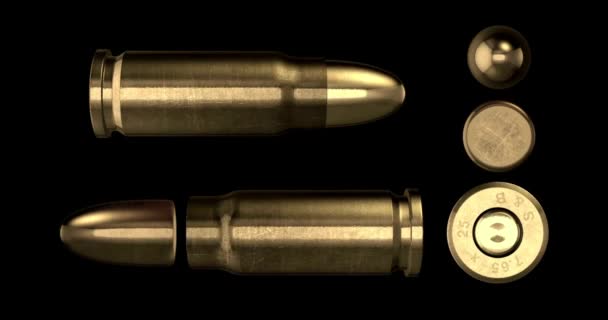 弾丸パイル閉鎖弾丸シェル軍の概念の防衛警察や狩猟弾薬をドロップします 砲弾を閉めろ — ストック動画