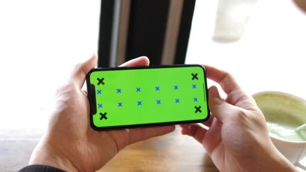Person Die Digitales Smartphone Landscape Modus Green Screen Hintergrund Chroma — Stockvideo
