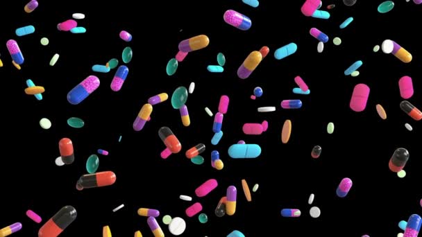 アニメーション薬カプセルと錠剤 ヘルスケア抗生物質背景医薬品医学 黒の背景テンプレートの視覚効果で4K — ストック動画