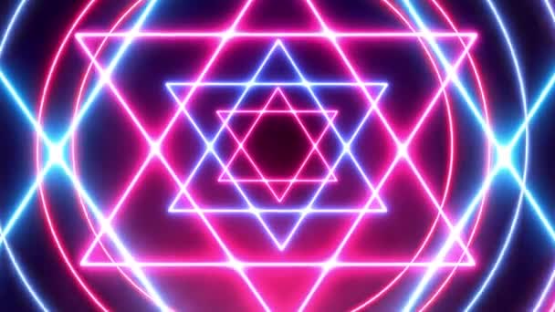 삼각형 네온이 빛나는 파란색의 추상적 네온은 매끄럽지 회전하는 애니메이션에서 배경에 — 비디오