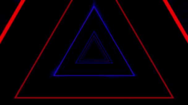 삼각형 네온이 빛나는 파란색의 추상적 네온은 매끄럽지 회전하는 애니메이션에서 배경에 — 비디오