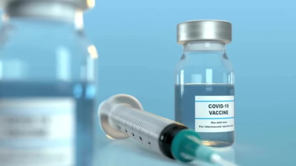 Covid Produktion Coronavirus Vaccin Modell Injektionsflaskor Bakgrund — Stockvideo