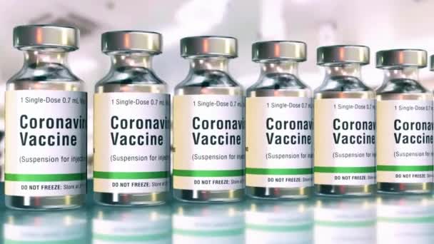 Coronavirus Covid 19疫苗盒环状药瓶 药瓶背景Corna病毒健康生产 — 图库视频影像