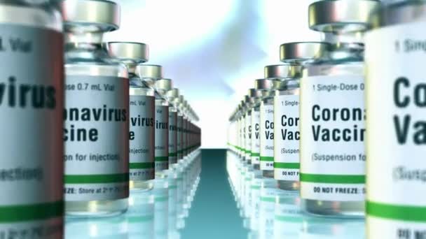 Coronavirus Covid 19疫苗盒环状药瓶 药瓶背景Corna病毒健康生产 — 图库视频影像