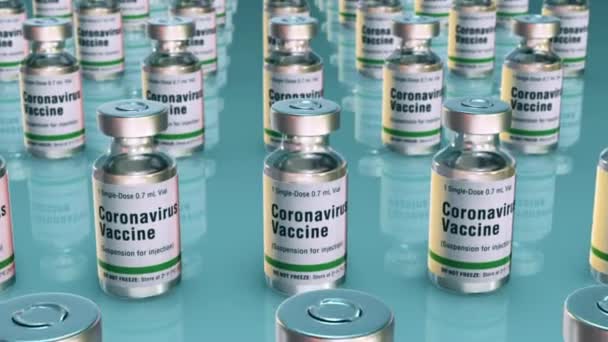 Covid 19疫苗和标签 清洁医院现场生产线背景下的3D图像动画4K — 图库视频影像