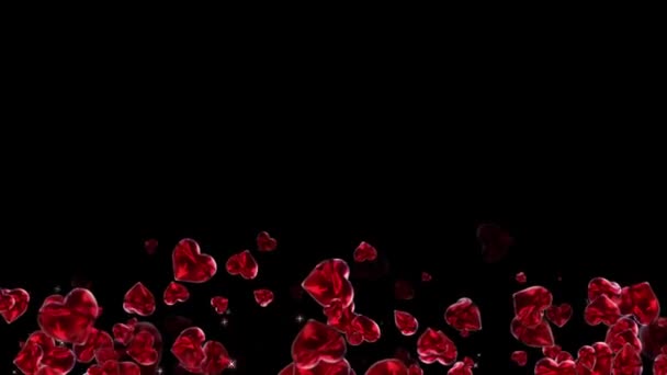 Valentijnsdag Abstracte Achtergrond Vliegende Rode Harten Deeltjes Zwarte Achtergrond Gloeien — Stockvideo