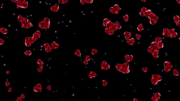 情人节的抽象背景 在黑色背景上飞舞的红心和微粒发光的视觉效果模板 — 图库视频影像