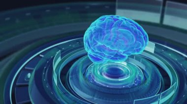Teknoloji yapay zekası yapay zeka mavi beyin animasyon dijital veri konsepti. Gelecekçi Siber Teknoloji Yenilik Ağı. teknolojik HUD Kullanıcı Arayüzü