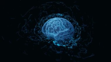 Teknoloji yapay zekası yapay zeka mavi beyin animasyon dijital veri konsepti. Gelecekçi Siber Teknoloji Yenilik Ağı. teknolojik HUD Kullanıcı Arayüzü