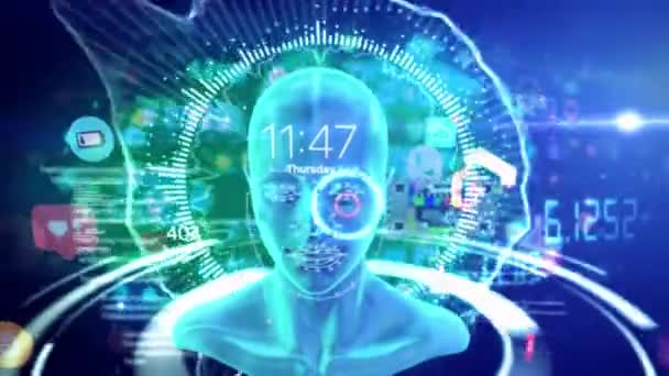 デジタル背景に人間の顔のホログラムの3Dデジタルレンダリング 深層学習 サイバー脳抽象概念アニメーション — ストック動画