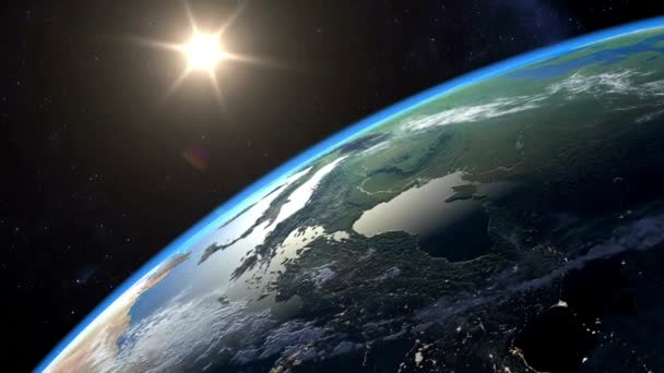 Nanılmaz Gündoğumu Uzayı Gerçekçi Animasyon Arka Plan Gezegeni Dünya Dönen — Stok video
