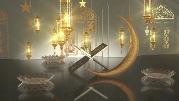 Linterna Ramadán Con Luna Creciente Animación Estelar Para Pantallas Led — Vídeos de Stock