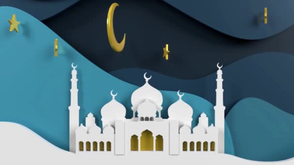 Eid Mubarak Animated Paper Craft Con Moschea Mezzaluna Motion Graphics — Video Stock