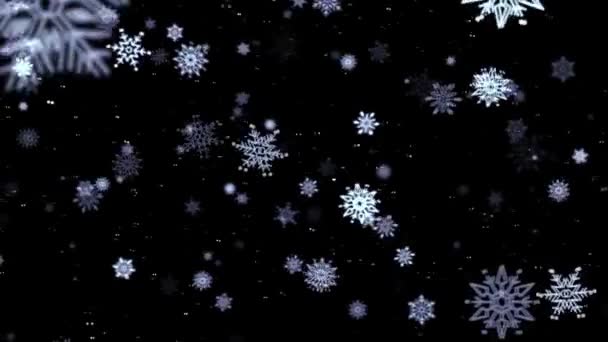 Плавная Анимация Падения Снежинки Анимированный Снег Течет Прозрачный Черный Фон — стоковое видео