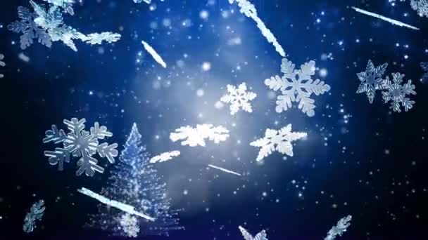 Рождественский Фон Зимние Снежинки Падают Медленно Вниз Синий Праздничная Анимация — стоковое видео