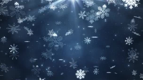 Fundo Natal Flocos Neve Inverno Caindo Lentamente Para Baixo Azul — Vídeo de Stock