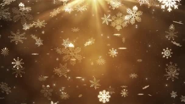 Красивые Золотые Снежинки Падают Рождественский Волшебный Снег Золотом Фоне Новым — стоковое видео