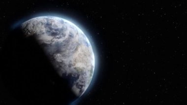 Uzaydan Dünya 'ya 3 boyutlu animasyon, uzayda Gündoğumu karanlık gece, şehirler aydınlık, gün doğumu. Dünya Gezegeni Yıldızları, Nebula ve Galaksi Kara Arkaplanı