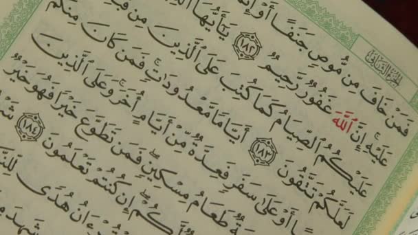 Close Texto Livro Holly Alcorão Muçulmano Leitura Oração Mês Ramdhan — Vídeo de Stock